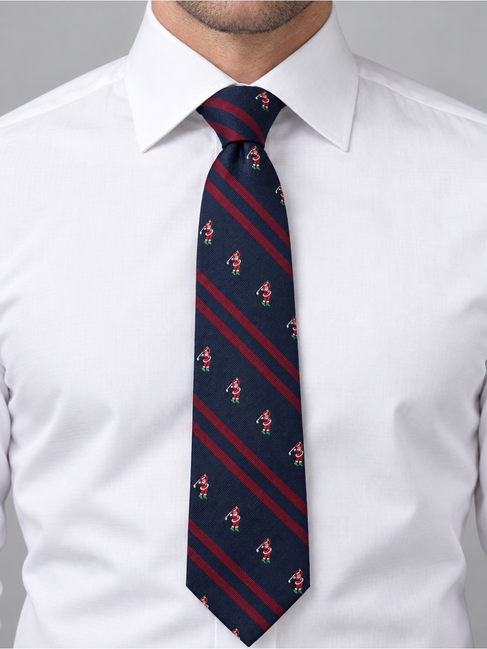 Men's Navy and Burgundy Striped Tie golfing Santa